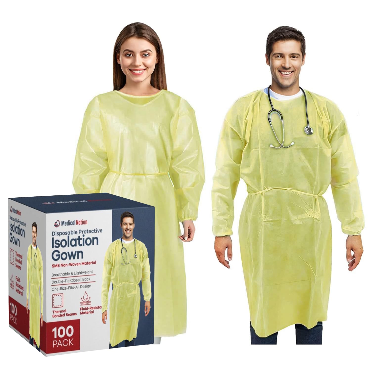 Medical Nation 100 Pack Disposable Isolation Gowns, Level 2, Universal Size