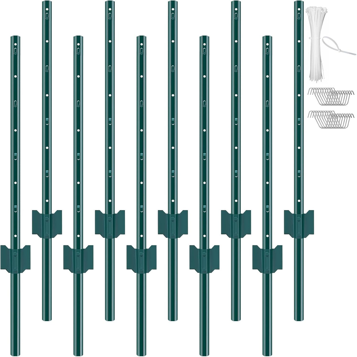 VEVOR 3 Feet Fence Post, 10 Pack U-Channel Heavy Duty Metal Fence Posts with 20 Zip Ties & 20 Clips, Sturdy Steel Fence Stakes for Garden Yard, Lawn, Farms and Outdoor Wire Fencing, Green