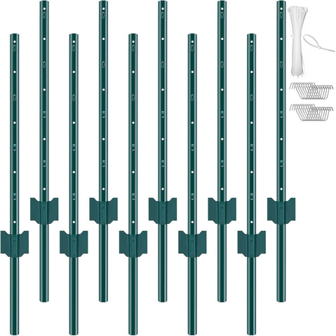 VEVOR 3 Feet Fence Post, 10 Pack U-Channel Heavy Duty Metal Fence Posts with 20 Zip Ties & 20 Clips, Sturdy Steel Fence Stakes for Garden Yard, Lawn, Farms and Outdoor Wire Fencing, Green