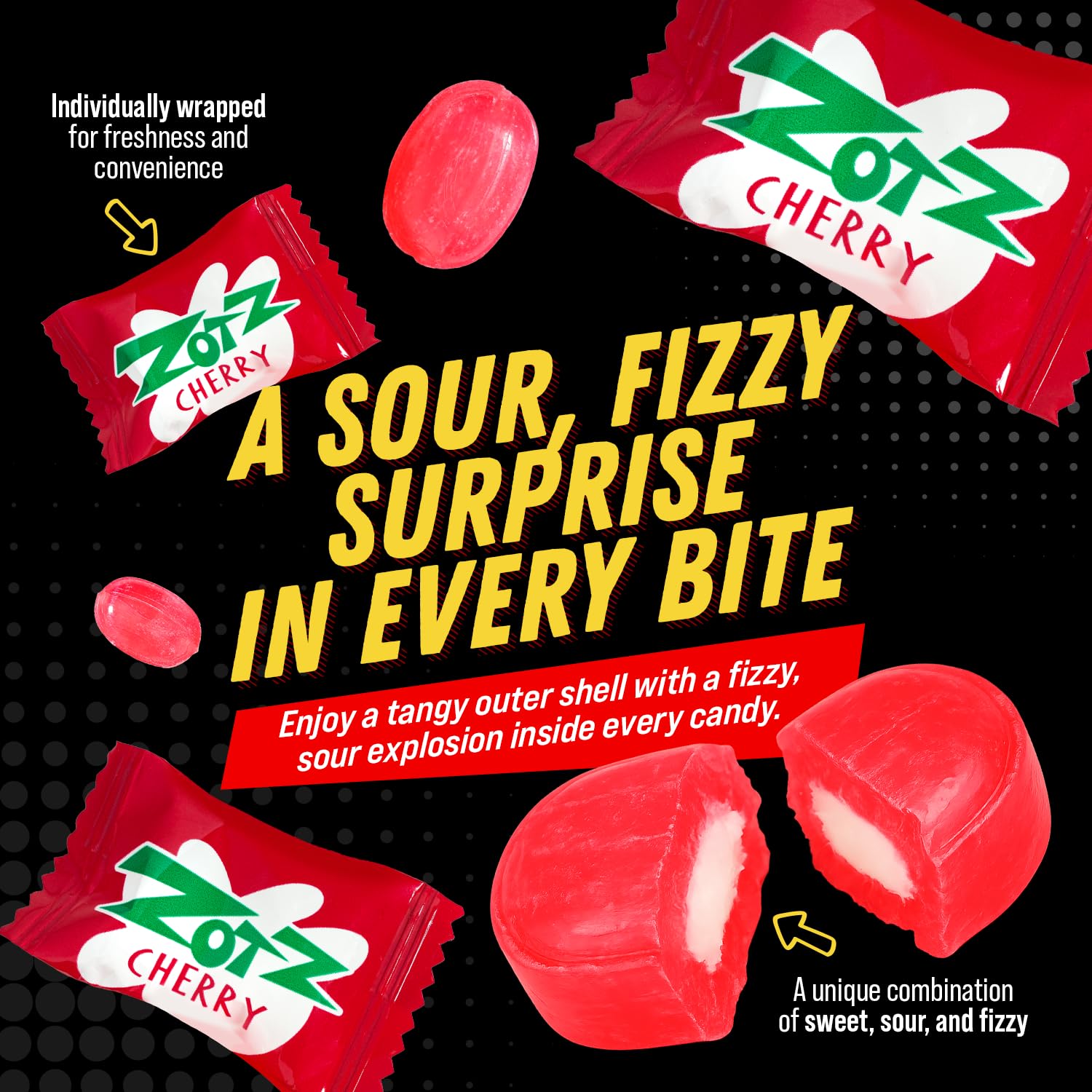 ZOTZ Fizzy Sour Candy Bulk - Retro Italian Hard Candy Individually Wrapped - Classic Nostalgic Cherry Flavor - 46 Pieces Bag for Party Favors, Goodie Bags, Piñata & Candy Buffet