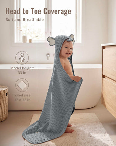 Blissful Diary Muslin Baby Hooded Towel 2 Pack, Soft & Absorbent Bath Towel for Infant, Toddler, Unisex, Baby Gift, Newborn Essentials, Gray Elephant & Beige Bear
