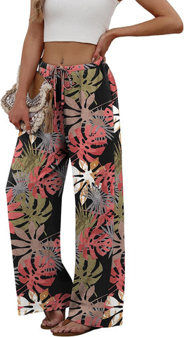 Sampeel Wide Leg Pants for Women Flowy Palazzo Drawstring Elastic Waist Trousers with Pockets Summer Beach Vacation Clothes