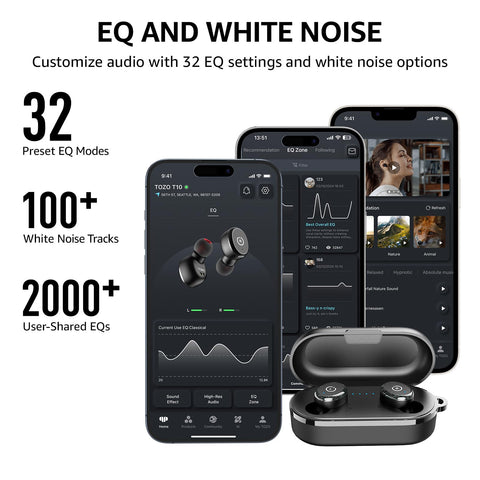 TOZO T10 (Classic Edition) Bluetooth 5.3 Wireless Earbuds with Wireless Charging Case IPX8 Waterproof Stereo Headphones in Ear Built in Mic Headset Premium Sound with Deep Bass, 32 Preset EQs via APP