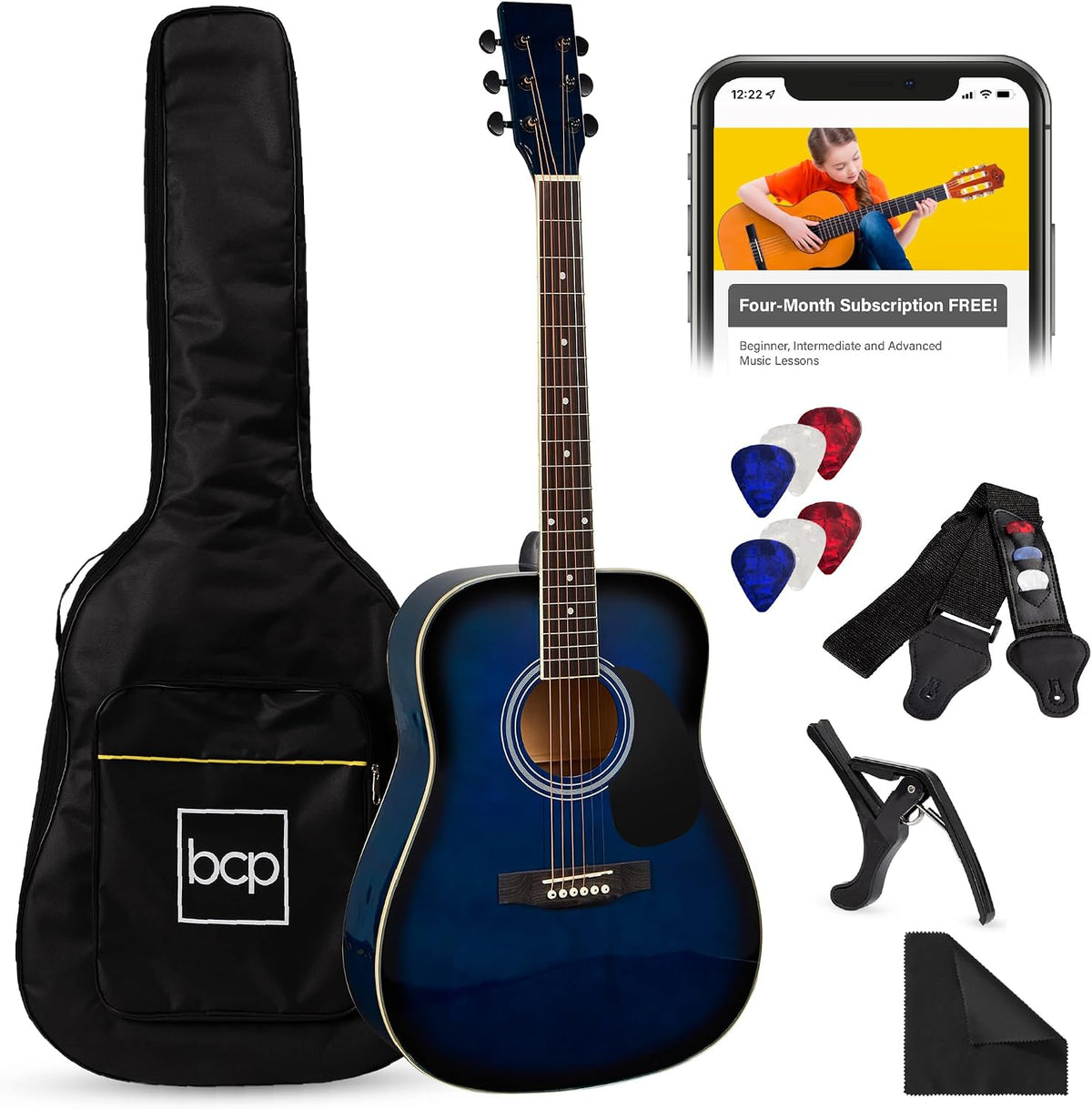 Best Choice Products 41in Full Size Beginner All Wood Acoustic Guitar Starter Set w/Gig Bag, Strap, Capo, Strings, Picks - Blue