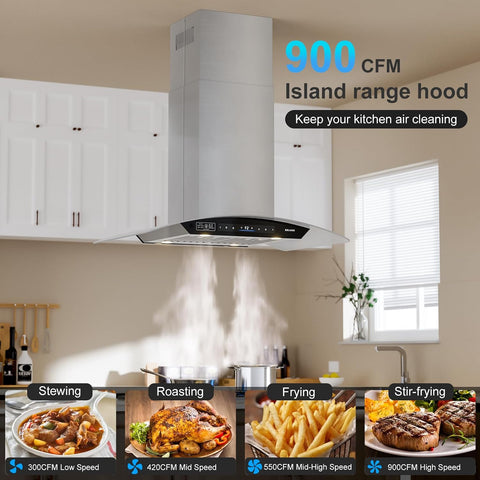 BRANO Island Range Hood 36 Inch 900 CFM, Voice & Gesture & Touch Control