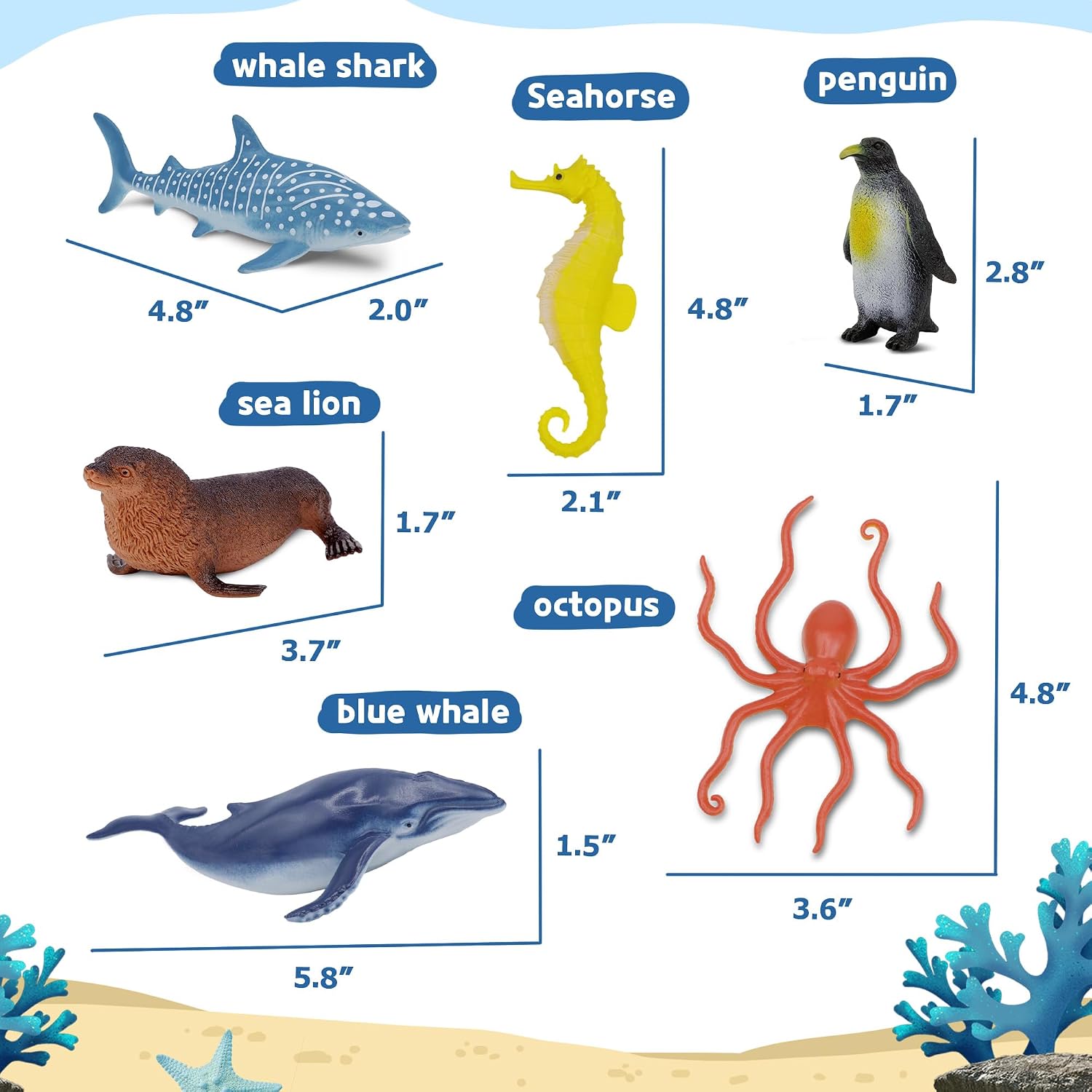 Ocean Sea Life Toy Figures Set for Kids, 12 PCS Realistic Marine Animals with Shark, Dolphin, Sea Turtle, Penguin, Seal, Clownfish, Crab, Ocean Animal Figure Toys for Boys Girls Toddlers