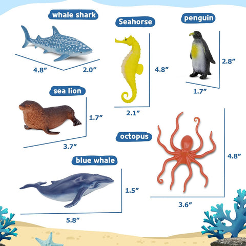 Ocean Sea Life Toy Figures Set for Kids, 12 PCS Realistic Marine Animals with Shark, Dolphin, Sea Turtle, Penguin, Seal, Clownfish, Crab, Ocean Animal Figure Toys for Boys Girls Toddlers