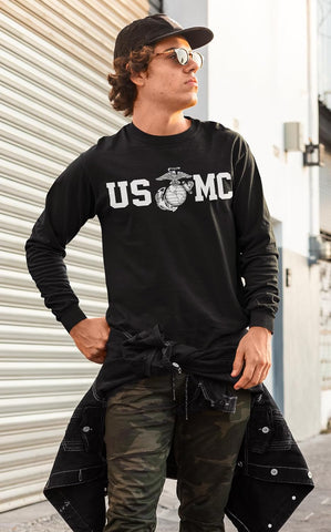 Lucky Ride Marine Corps Bull Dog Front and Back USMC Men's T-Shirt Longsleeve