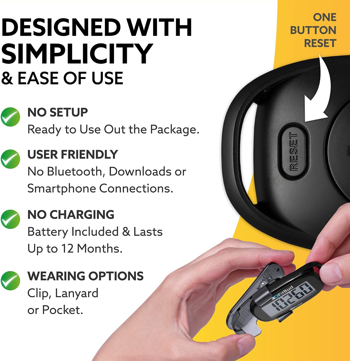 3DFitBud Simple Step Counter Walking 3D Pedometer by 3DActive with Clip, Lanyard Accurate Step Tracker Large Display, Easy to Use for Kids Men Women Adult Seniors Daily Step Tracking - A420S