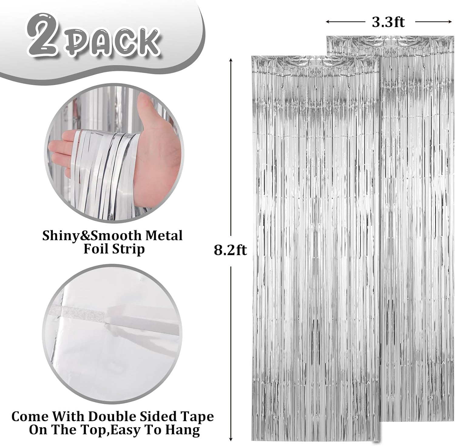 Voircoloria 2 Pack Silver Foil Fringe Backdrop Curtains, 3.3x8.2 Ft