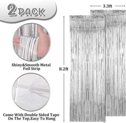 Voircoloria 2 Pack Silver Foil Fringe Backdrop Curtains, 3.3x8.2 Ft