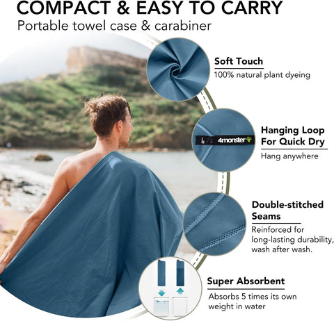 4Monster Quick Dry Travel Towel with Case & Carabiner – Super Absorbent Microfiber Gym & Camping Towel. Compact, Lightweight, Fast Drying for Beach, Swimming, Hiking, Backpacking
