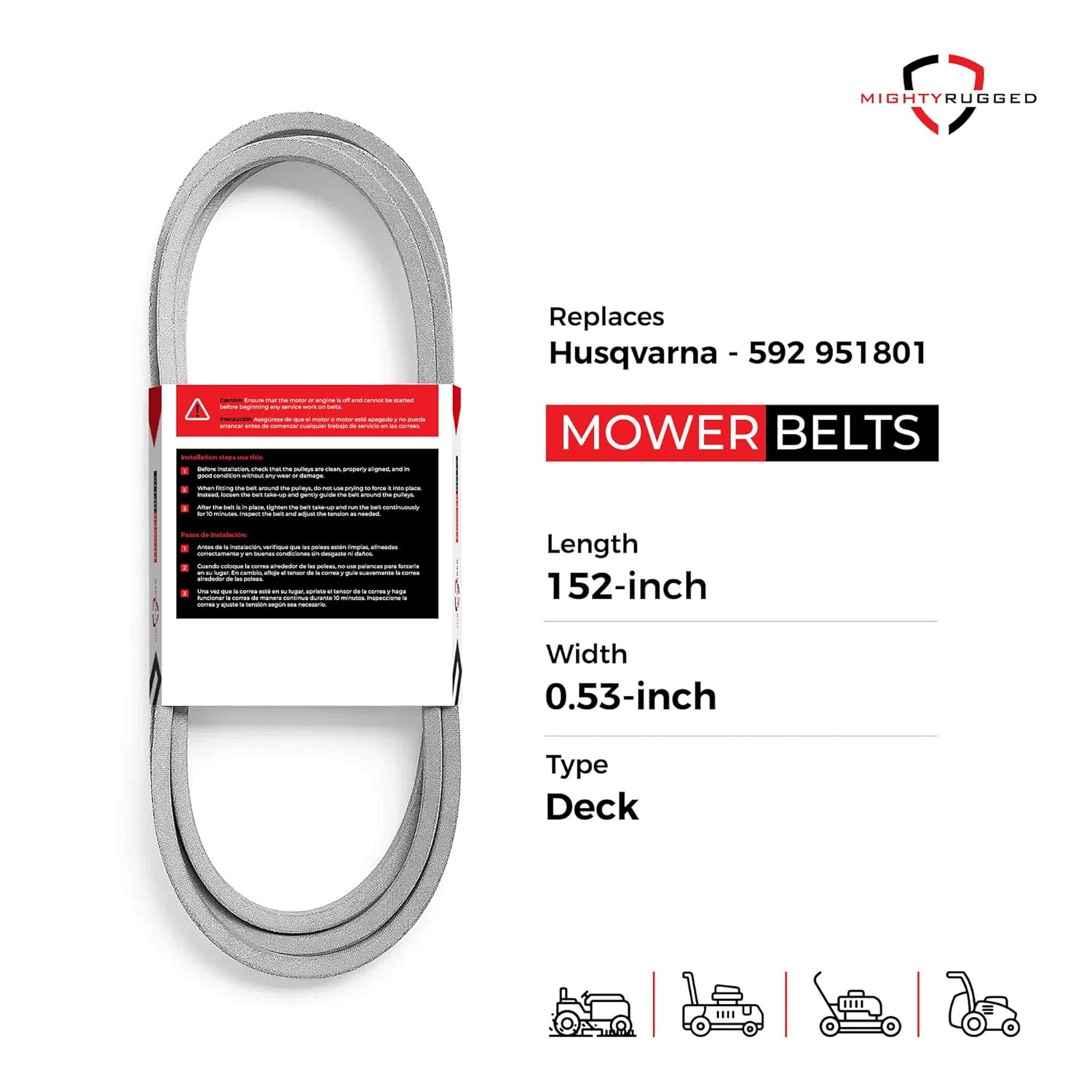 MightyRugged 592951801 Husqvarna Deck Belt Replacement - Belt Length 152" - Premium, Heavy-Duty, Aramid Cord for Husqvarna Zero-Turn 54" Deck Mowers, Z254F