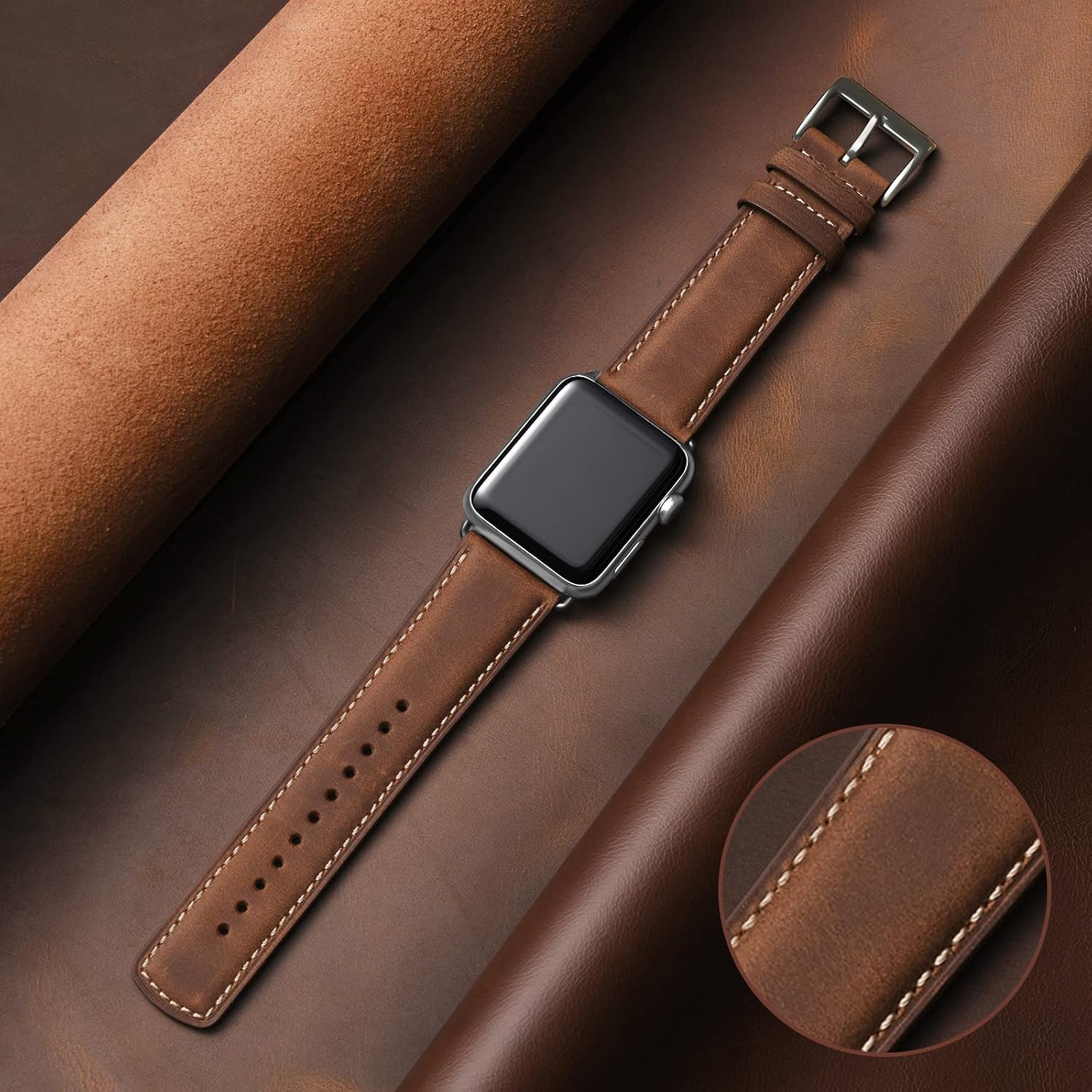 SUNFWR Leather Bands Compatible with Apple Watch Band 41mm 40mm 38mm for Men Women, Top Grain Genuine Leather Replacement Strap for iWatch Ultra SE2 SE Series 8 7 6 5 4 3 2 1 (Red Brown/Silver)