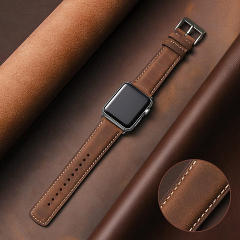 SUNFWR Leather Bands Compatible with Apple Watch Band 41mm 40mm 38mm for Men Women, Top Grain Genuine Leather Replacement Strap for iWatch Ultra SE2 SE Series 8 7 6 5 4 3 2 1 (Red Brown/Silver)
