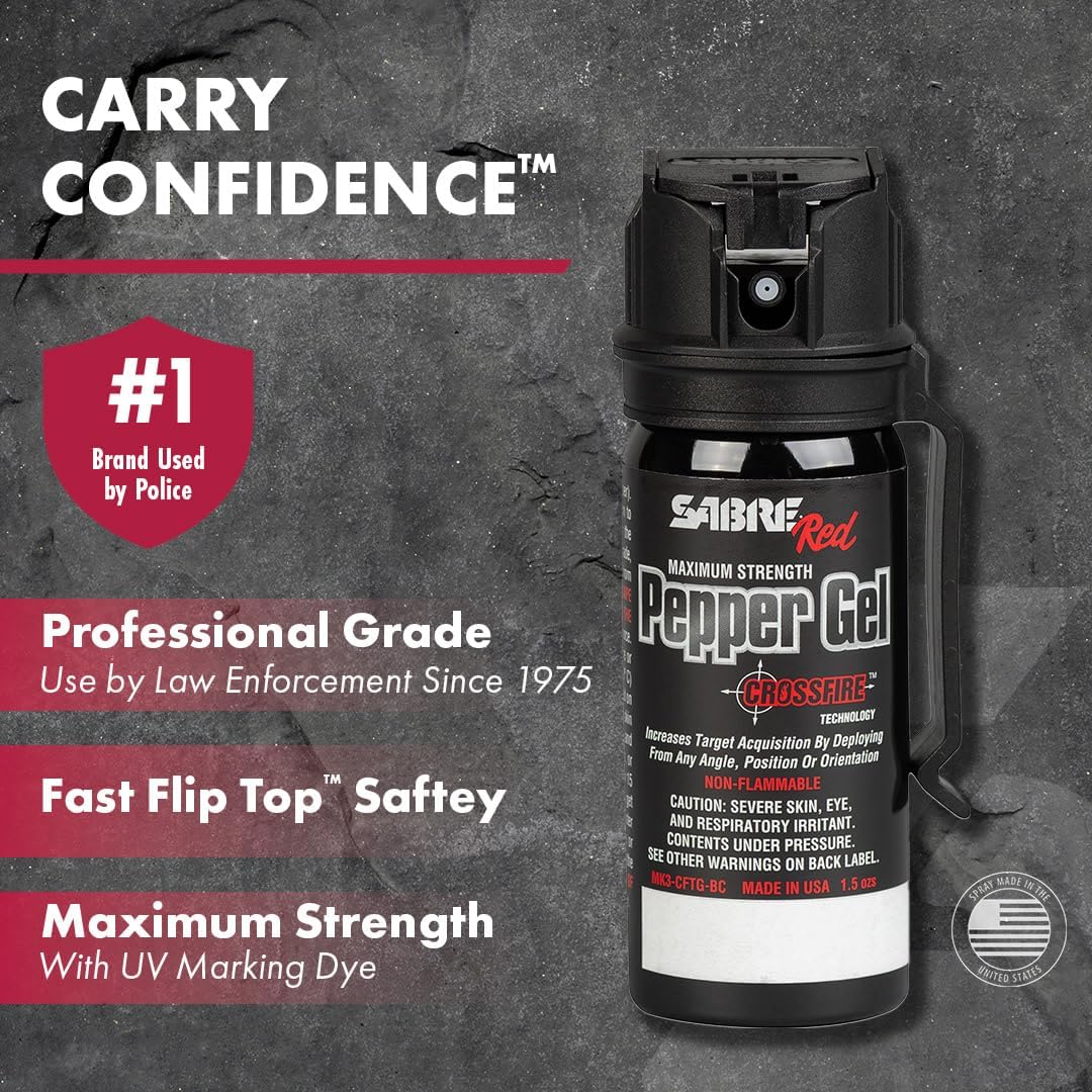 SABRE Crossfire Pepper Gel - 360° Spray for Defense at Any Angle, Maximum Strength Police-Grade OC Pepper Spray with UV Marking Dye, 20‑Foot Tactical Range, Fast Flip Top Safety, Belt Clip, 1.5 fl oz