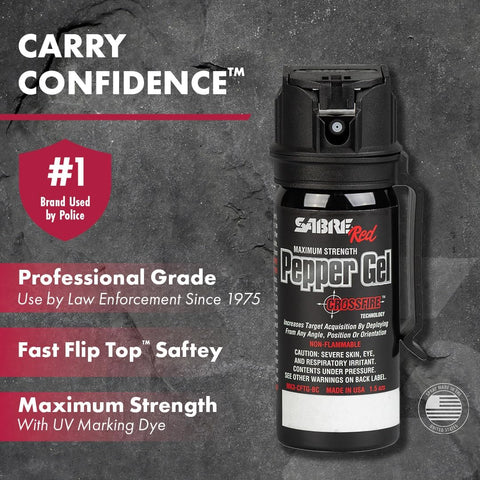 SABRE Crossfire Pepper Gel - 360° Spray for Defense at Any Angle, Maximum Strength Police-Grade OC Pepper Spray with UV Marking Dye, 20‑Foot Tactical Range, Fast Flip Top Safety, Belt Clip, 1.5 fl oz