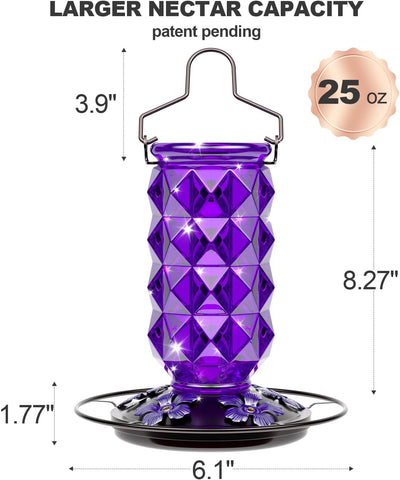 Glass Hummingbird Feeders for Outdoors, 25 Ounces Wild Bird Nectar Feeder with Perch & 5 Flower Feeding Ports Leak Proof Hanging for Garden Backyard Decor, Gifts for Women Mom, Purple
