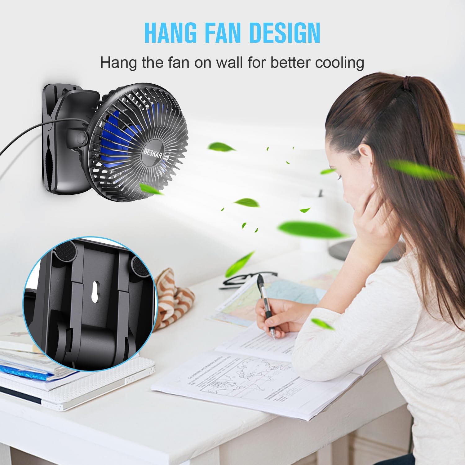 BESKAR USB Clip on Fan, Portable Small Desk Fan with Cord Powered