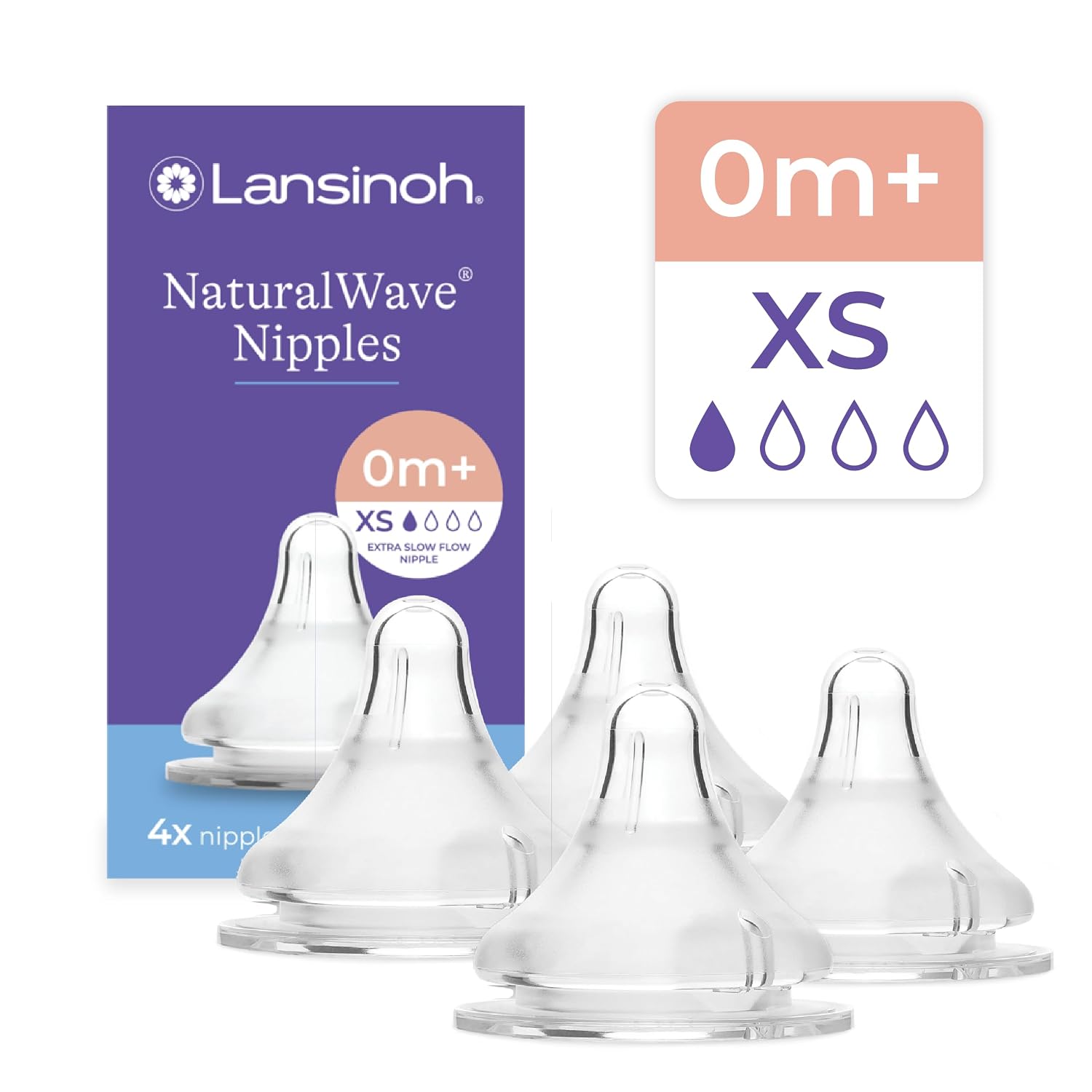 Lansinoh NaturalWave Baby Bottle Nipples, Extra Slow Flow (XS), 4 Count