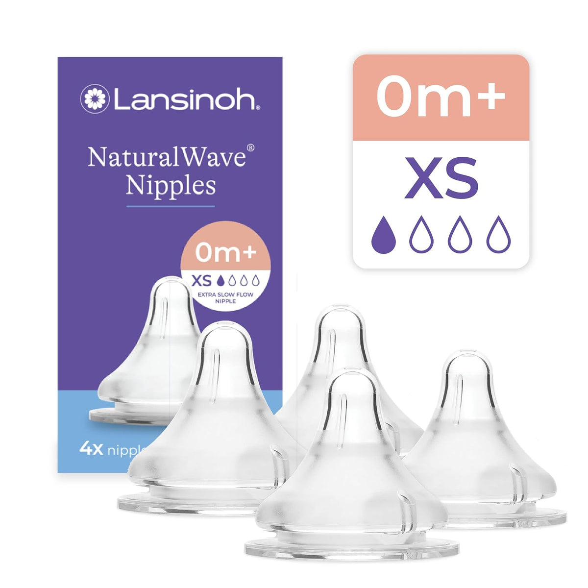 Lansinoh NaturalWave Baby Bottle Nipples, Extra Slow Flow (XS), 4 Count