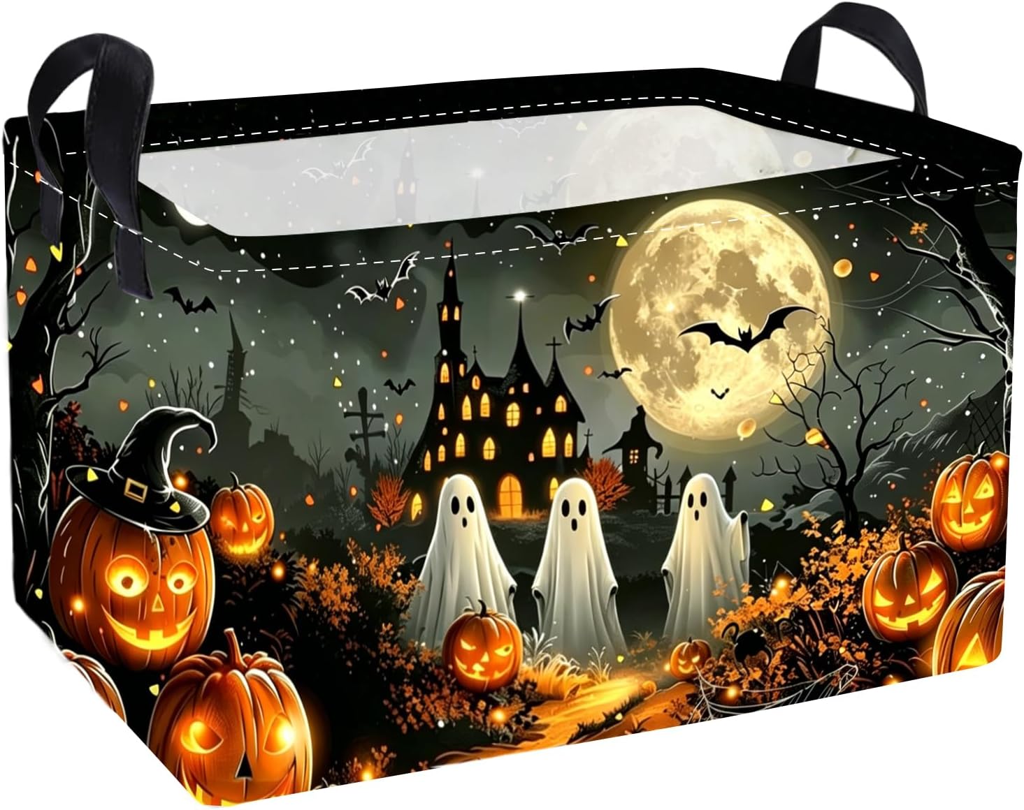 Essme Rectangular Halloween Basket,Kids Storage Bins Organizer with Handles for Ghost Room Decor, Gift Basket,Shelf Basket.(Dream Halloween)