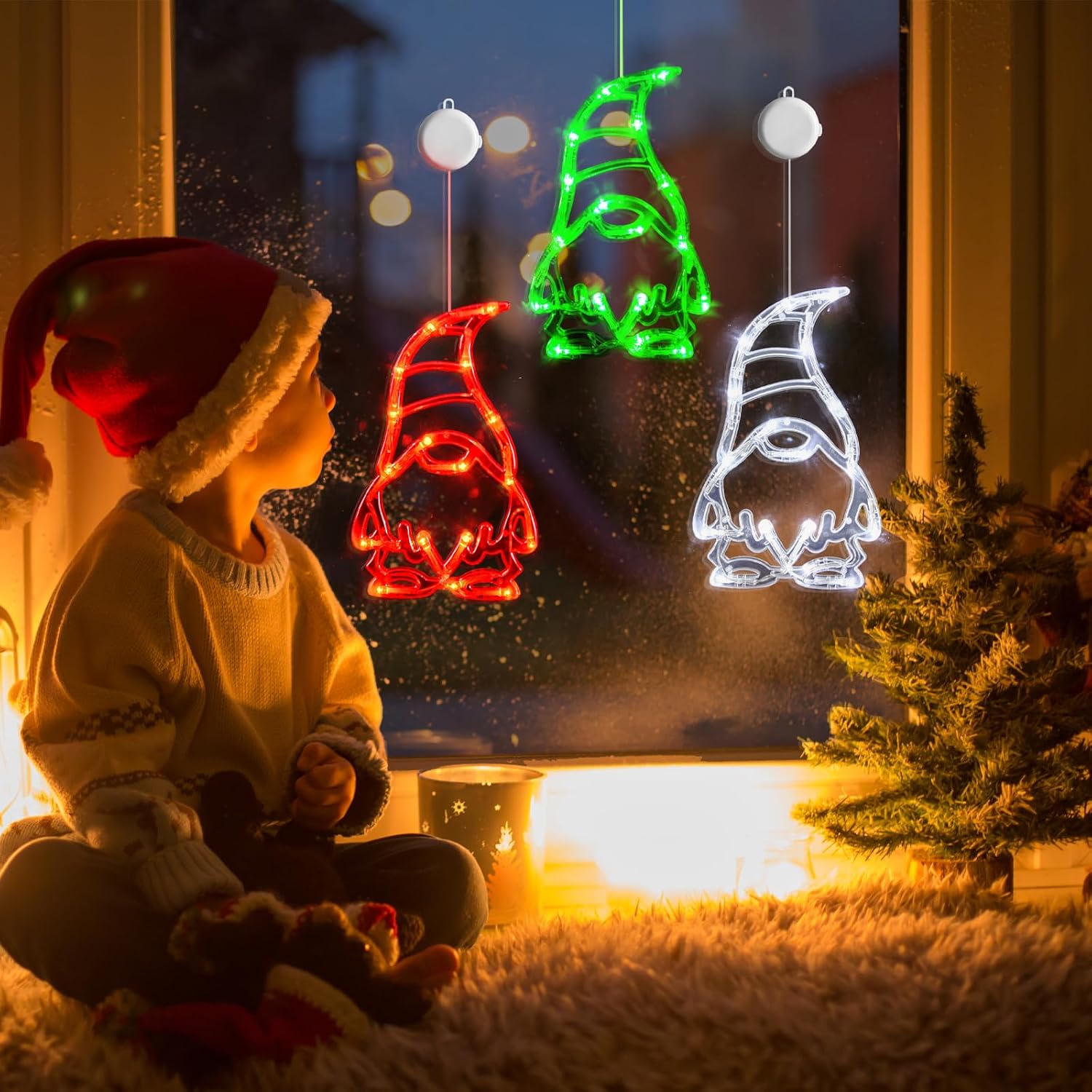 LOLStar 3 Pack Red White and Green GnomesChristmas Window Lights,Suction Cups 2025 Upgrade Timer Function and Slowly Fade Mode Battery Operated Indoor Decors Christmas Decorations