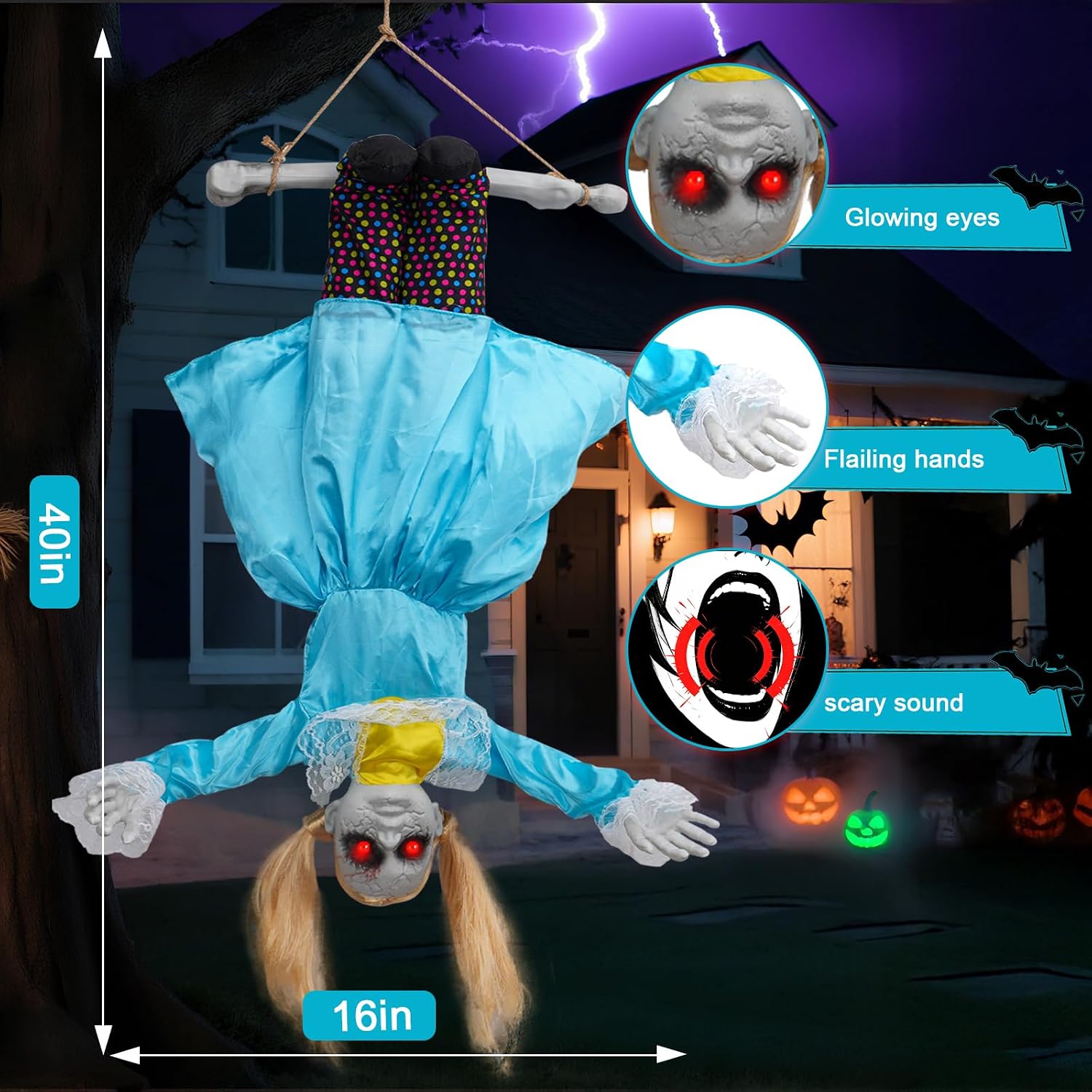 40in Scary Halloween Decorations Outdoor with Flailing Arms, Scary Sounds & Glowing Red Eyes, Hanging Swinging Doll for Yard Porch Indoor Outside