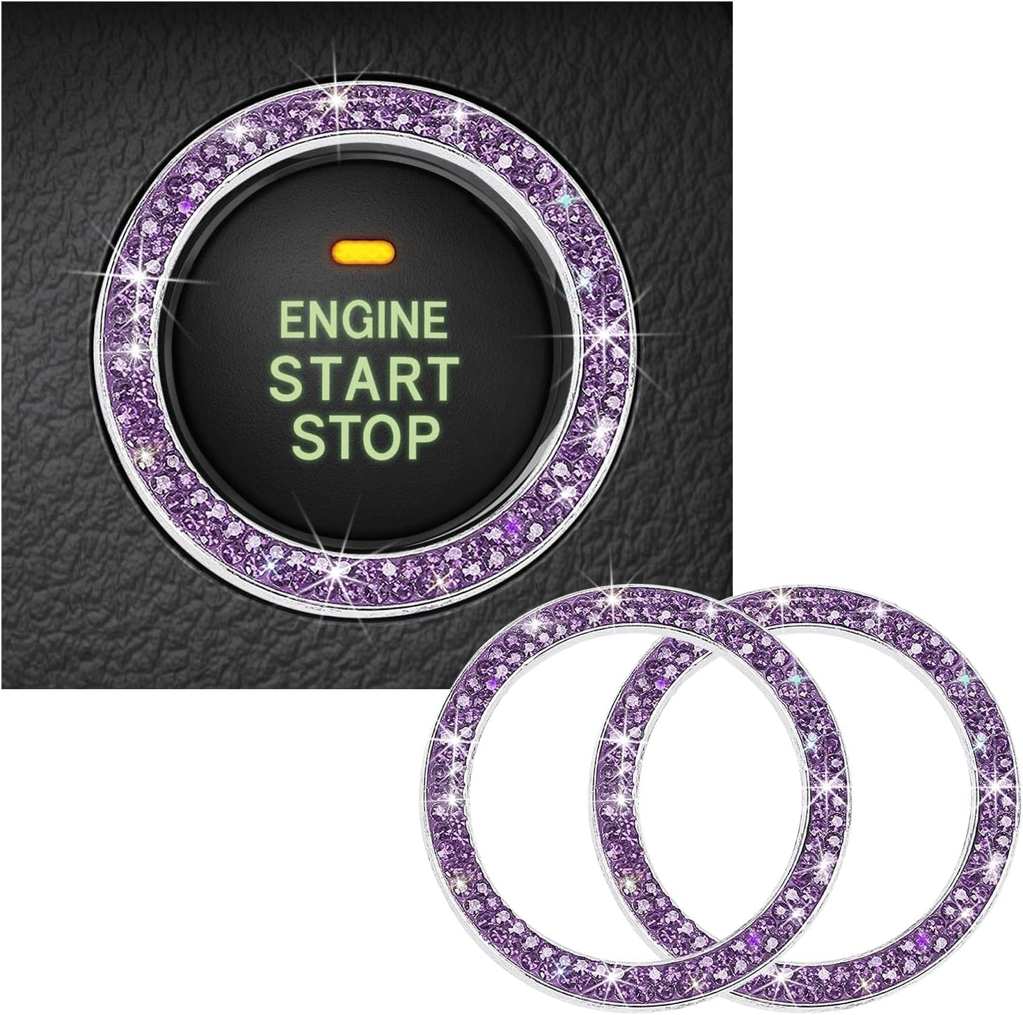 Kewucn 2 PCS Bling Crystal Double Rhinestone Car Engine Start Decoration Ring, Sparkling Push Start Button Sticker, Key Ignition & Knob Ring Decoration, Bling Car Interior Accessory(Purple)