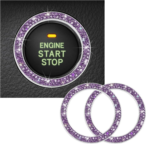 Kewucn 2 PCS Bling Crystal Double Rhinestone Car Engine Start Decoration Ring, Sparkling Push Start Button Sticker, Key Ignition & Knob Ring Decoration, Bling Car Interior Accessory(Purple)