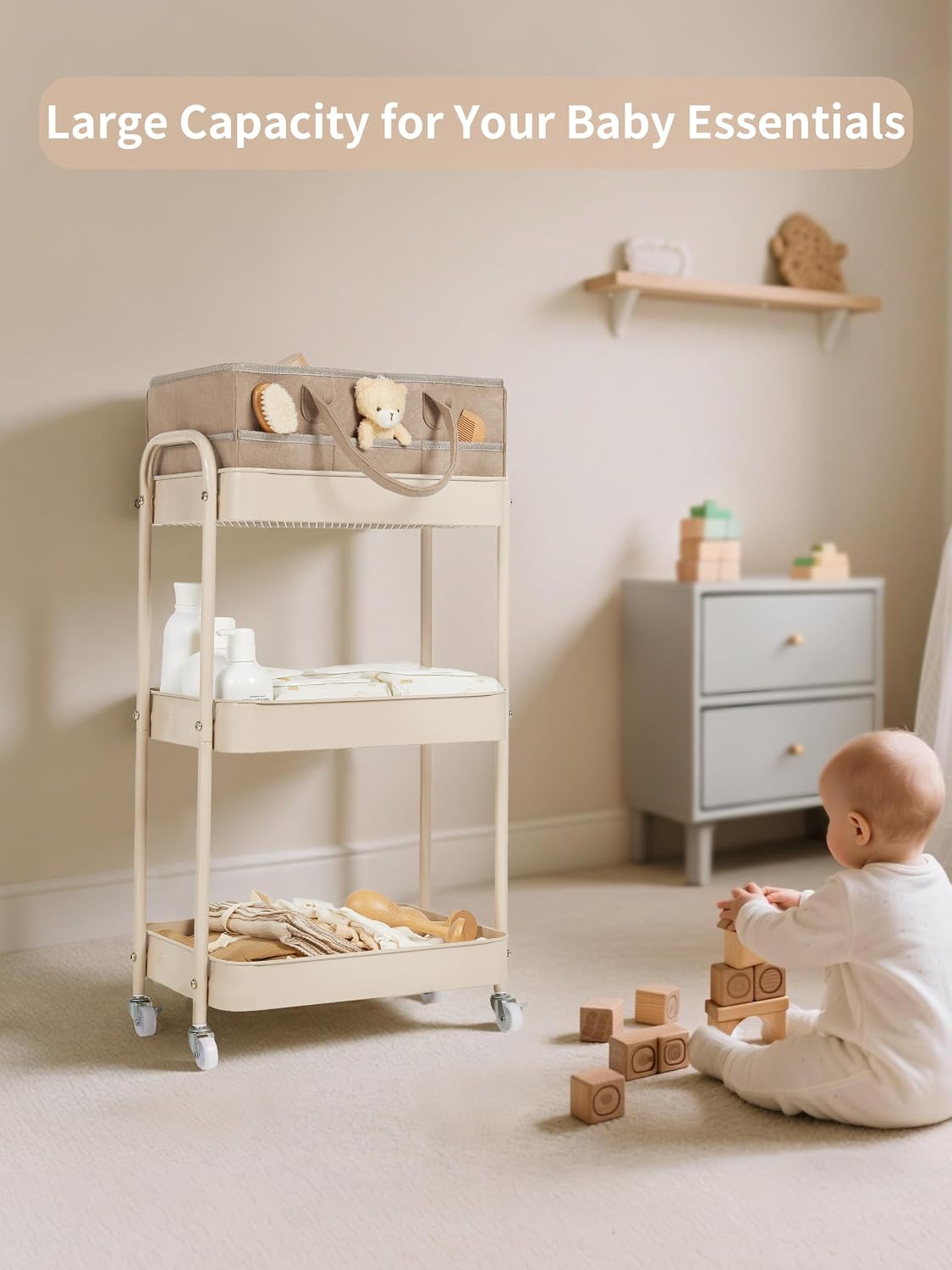 Fortella Baby Diaper Caddy, 3 Tier Rolling Cart for Baby Essentials, Taupe