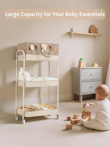 Fortella Baby Diaper Caddy, 3 Tier Rolling Cart for Baby Essentials, Taupe