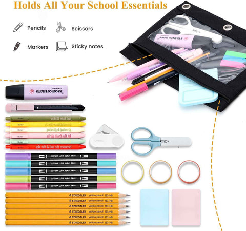 Binder Pencil Pouch for 3 Ring Binder, Clear Pencil Case Box Bag with Zipper, Aesthetic Pen Organizer for School Supplies, Back to School for Girls Boys Kids, 1 Pack, Black