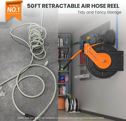 Giraffe Tools Retractable Air Hose Reel 50ft 3/8" Hybrid Hose Garage