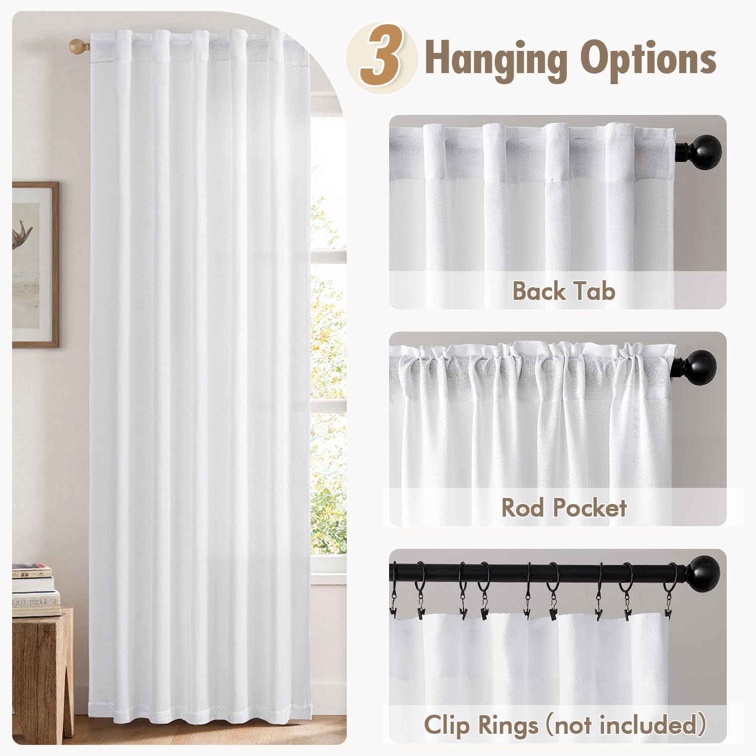 MIULEE Faux Linen Curtains 90 Inch Length 2 Panels Natural White Semi Sheer Curtain with Back Tab Rod Pocket, Light Filtering Window Privacy Burlap Drapes for Living Room Bedroom 42W x 90L
