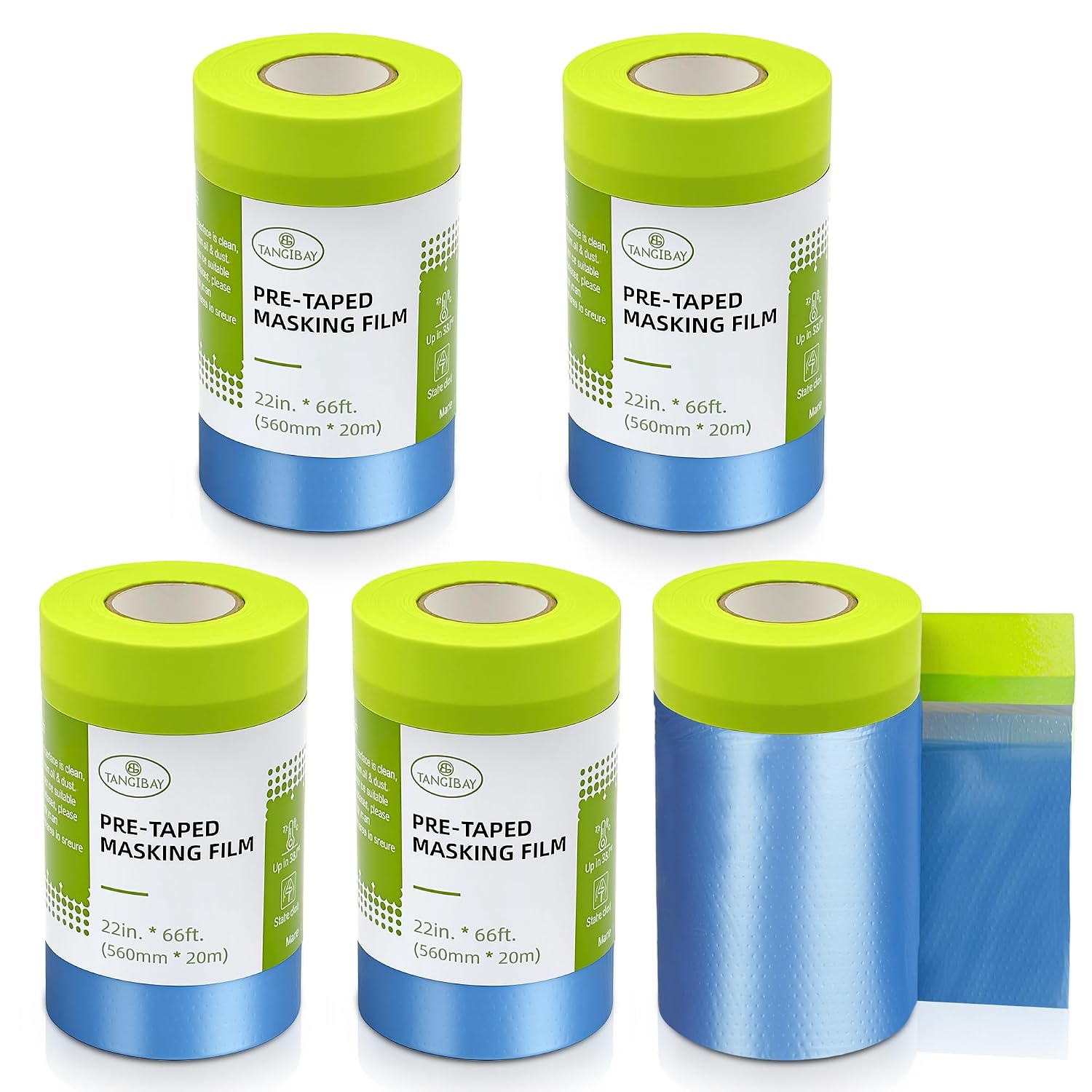 Tangibay Pre-Taped Masking Film for Painting, 22" x 66', 5 Rolls