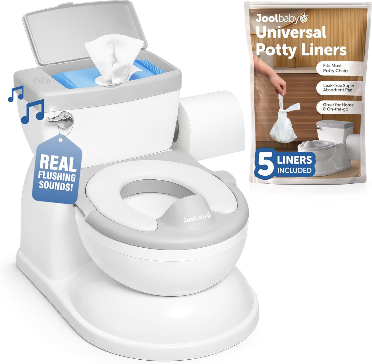 Jool Baby Real Feel 2-in-1 Potty with Wipes Storage, Flushing Sounds & Disposable Liners - Realistic Toilet - Easy to Clean & Assemble (Gray)