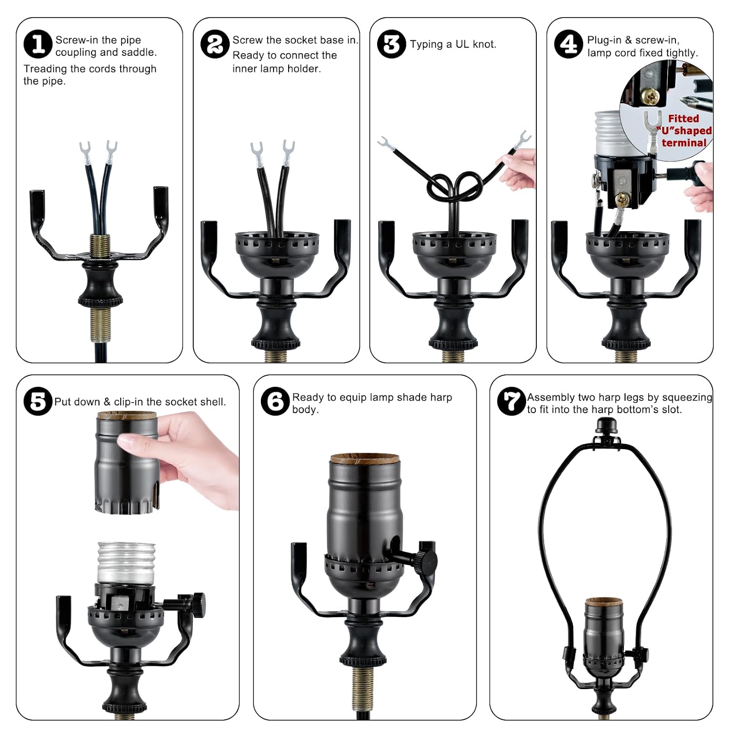 Lamp Making Kit,Make a Lamp or Repair Kit, 3-Way Lamp Socket with Matching Cord and Harp Set, Wiring Kit for Table Floor Lamp,Essential Hardware for DIY Light Design or Repair (Black, 2)