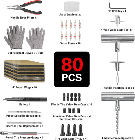 CKAuto 80 pcs Universal Tire Repair Kit with Plugs Heavy Duty Professional