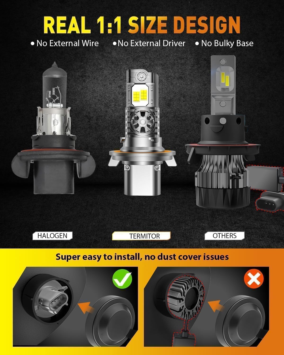 Termitor Latest H13/9008 Bulbs, 100,000LM Brightness High/Low Beam, 75000+ Hours Long Service Life, 6500K Cool White, Real 1:1 Halogen Size OffRoad Light for ATV UTV SUV, 3 Mins Plug N Play, Pack of 2