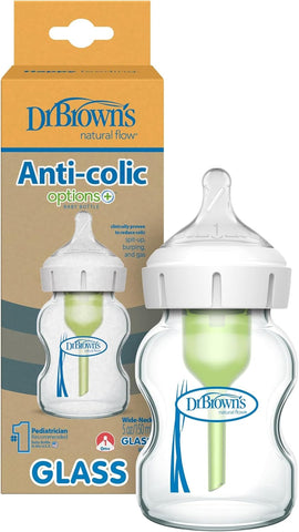 Dr. Brown's Natural Flow Anti-Colic Options+ Wide-Neck Glass Baby Bottle 5 oz/150 mL, with Level 1 Slow Flow Nipple, 12 Pack, 0m+