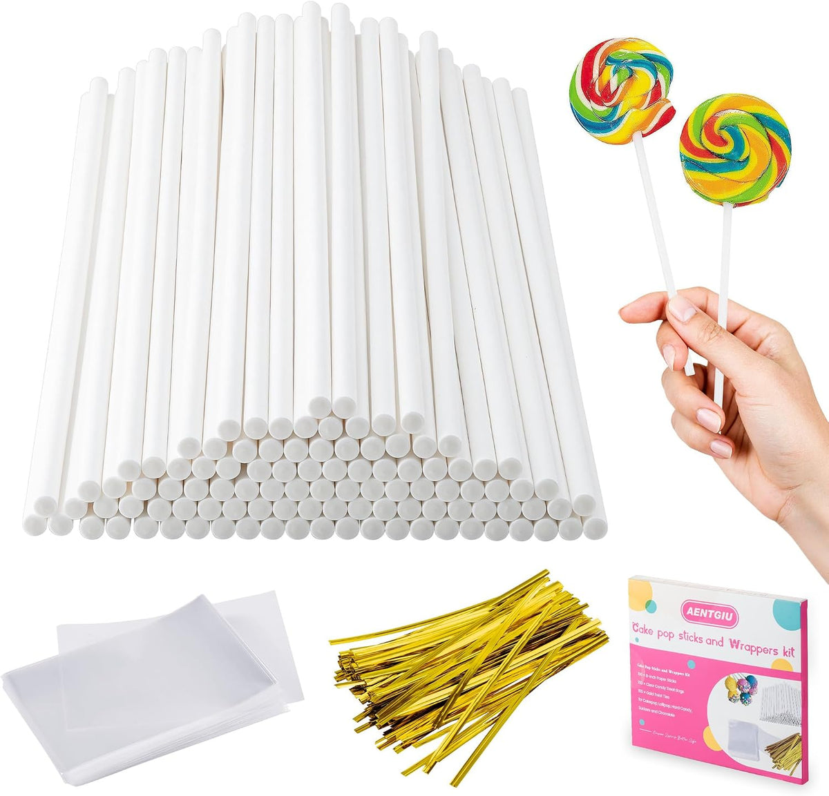 8 Inch Lollipop Sticks and Wrappers Kit, 300 Pcs for Large Cake Pop, Candy