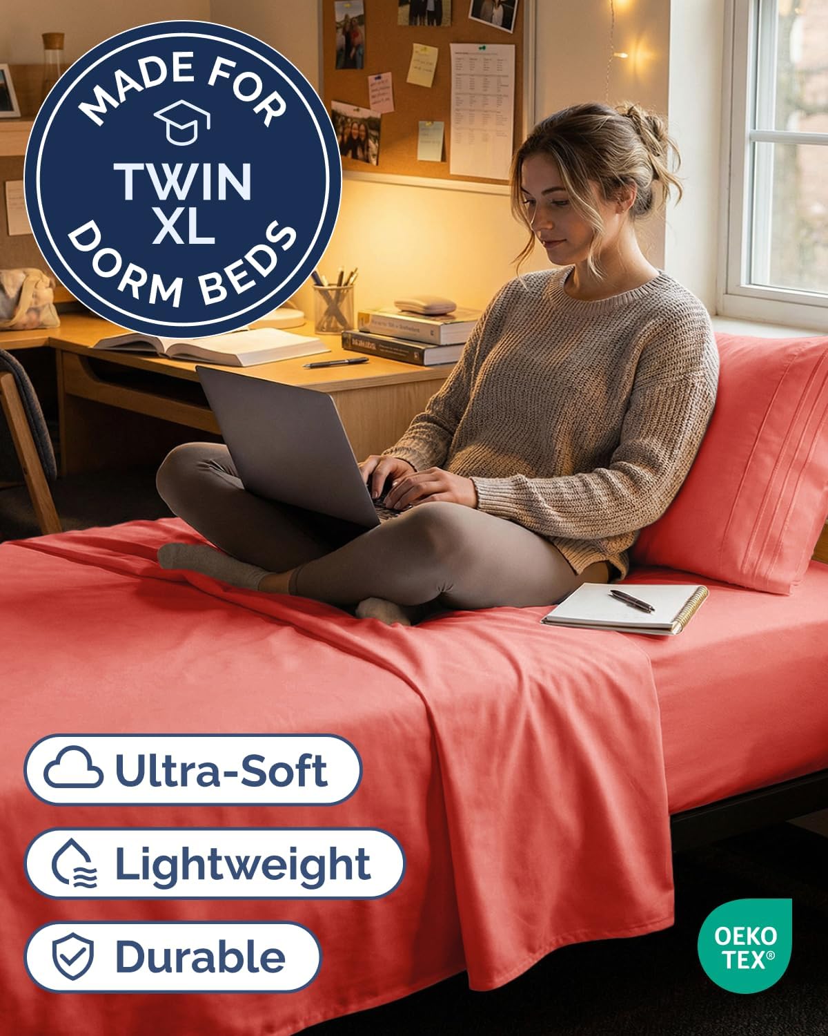 Twin XL 3 Piece Sheet Set - College Dorm Room Essentials - Coral