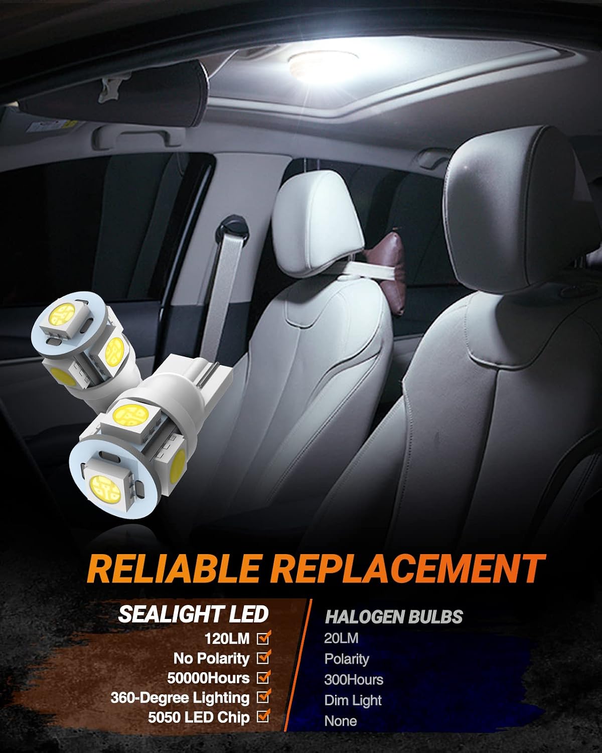 SEALIGHT 194 LED Bulbs, 168 W5W 2825 LED Bulb 6000K White Super Bright Replacement for License Plate Light, Dome Light, Map Light,Courtesy Light (Pack of 10), Automotive Parking Light Assemblies