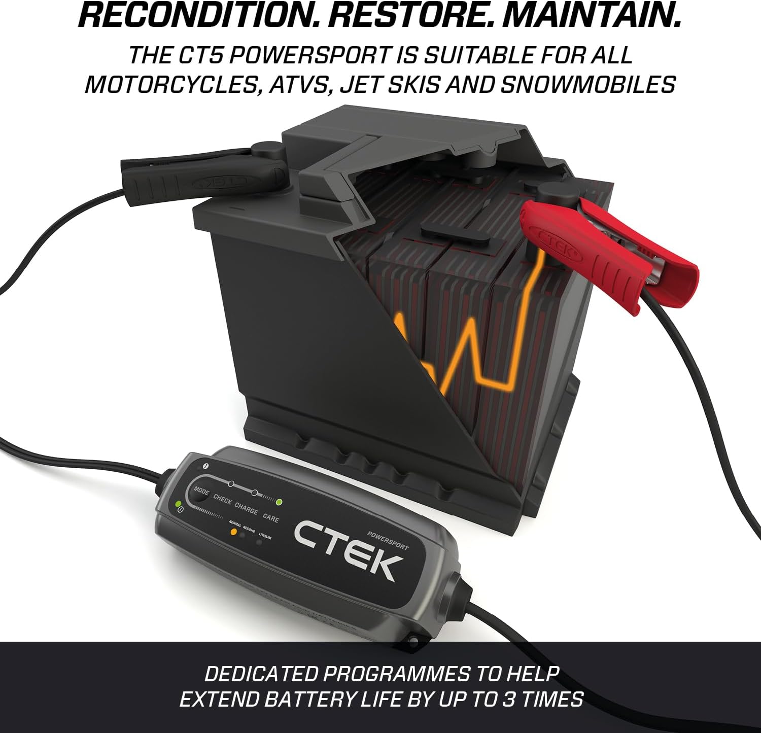 CTEK CT5, 12V Automotive Battery Charger for Auto, Motorcycle, ATV, Snowmobile - Battery Trickle Charger and Battery Maintainer - Charges Lead-Acid and Lithium Ion (12V LiFePO4) Batteries