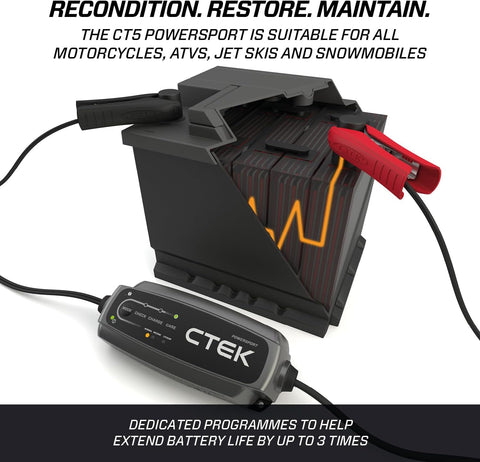 CTEK CT5, 12V Automotive Battery Charger for Auto, Motorcycle, ATV, Snowmobile - Battery Trickle Charger and Battery Maintainer - Charges Lead-Acid and Lithium Ion (12V LiFePO4) Batteries