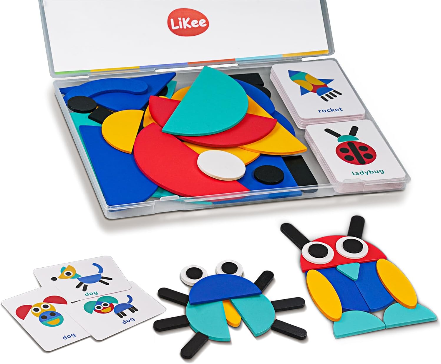 LiKee Wooden Shape Puzzle, 36 Blocks & 60 Cards, Montessori Toy for Kids 3+