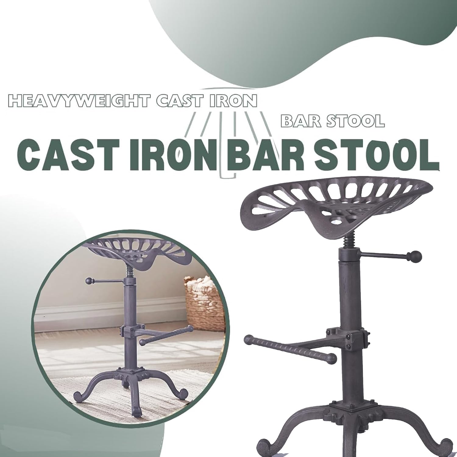 Rustic Industrial Farmhouse Tractor Seat Counter Height Adjustable Bar Stool Cast Iron Swivel Stool Industrial bar Chair (Rust, Cast Iron)