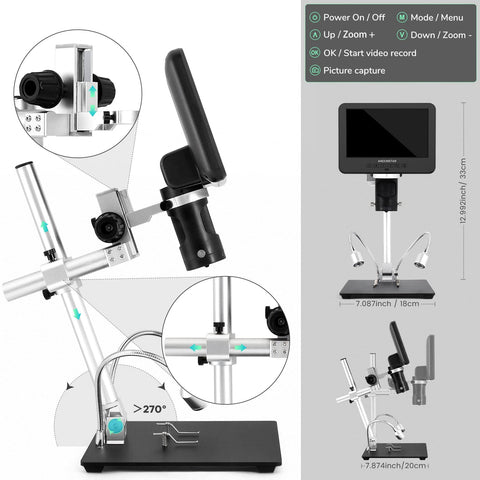 Andonstar AD246S-M HDMI Digital Microscope 2000x for Adults, 3 Lens 2160P UHD Video Record, 7 Inch LCD Soldering Microscope, Coin Microscope, Biological Microscope Kit, Windows Compatible
