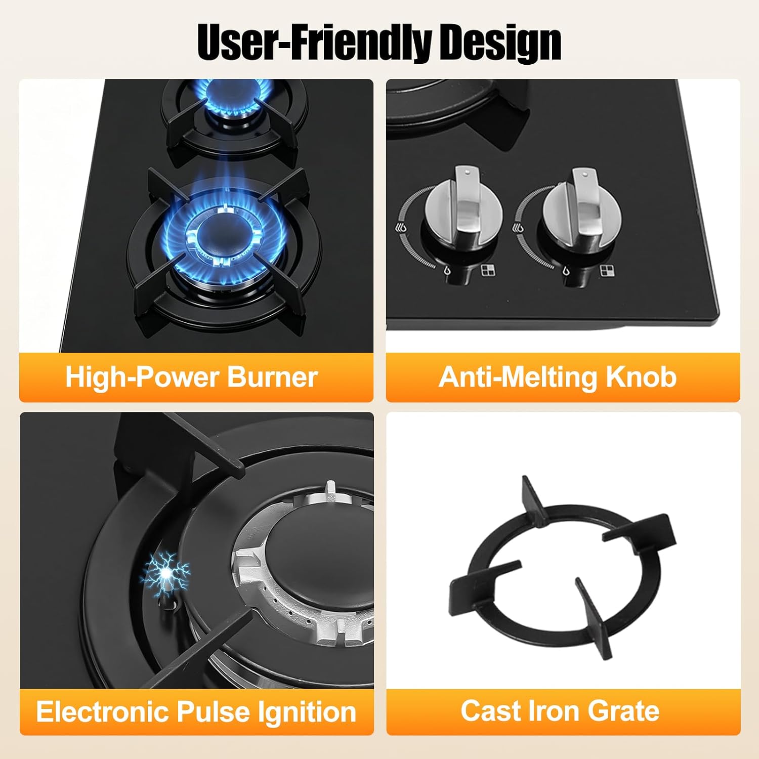 4 Burner Gas Cooktops, Built-in Countertop Gas Stove NG/LPG Tempered Glass Electronic Ignition Hob with Tempered Glass Panel for Home Kitchens, Restaurants，RV and Outdoor Use